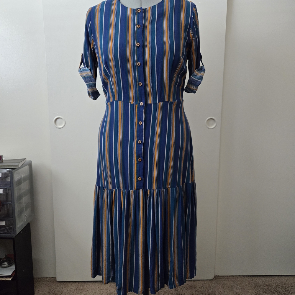 Blue and Brown Pleated Midi Dress with Cuffed Sleeves